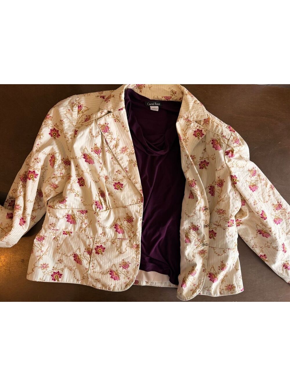Women's 1X 2-Piece Outfit Lot: Cream Floral Blazer Jacket & Purple Cowl Neck Top